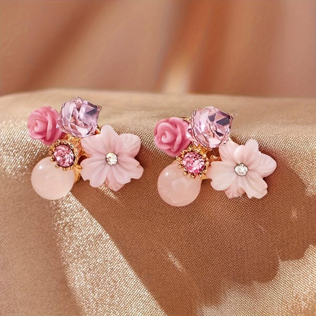Delicate Flower Design Dangle Earrings - Shiny Zircon Inlaid, Elegant Cute Style, Exquisite Jewelry