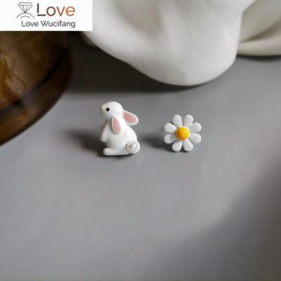Cute Rabbit Cat Daisy Flower Stud Earrings For Women Sweet Mini Enamel Asymmetrical Earring Girl Birthday Party Jewelry Gifts