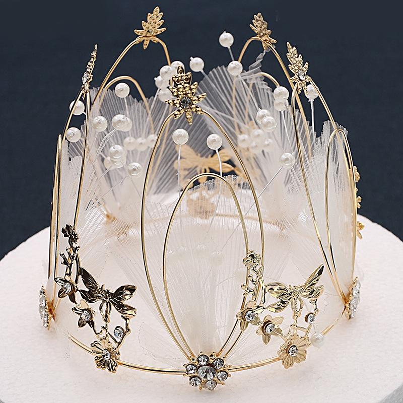 Fairy Princess Crown with Mesh Round Headwear with String Beads Queen Cake Decoration Costume Hair Accessory for Women Baking