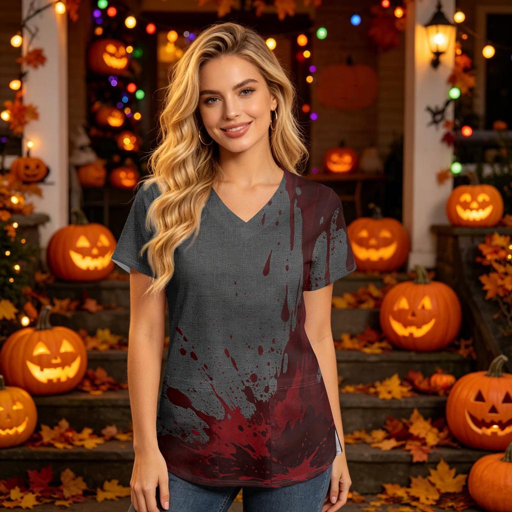 Women's V Neck Short Sleeve Work Top with Pockets Halloween Print Medical Uniform for Caregivers and Healthcare Professionals