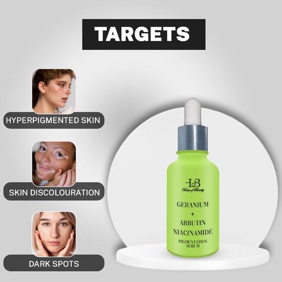 HOUSE OF BEAUTY Serum na przebarwienia z geranium, 3% arbutyną i 10% niacynamidem do skóry z przebarwieniami, nierównej, o gładkiej teksturze (30ml, Opakowanie 1 szt.)