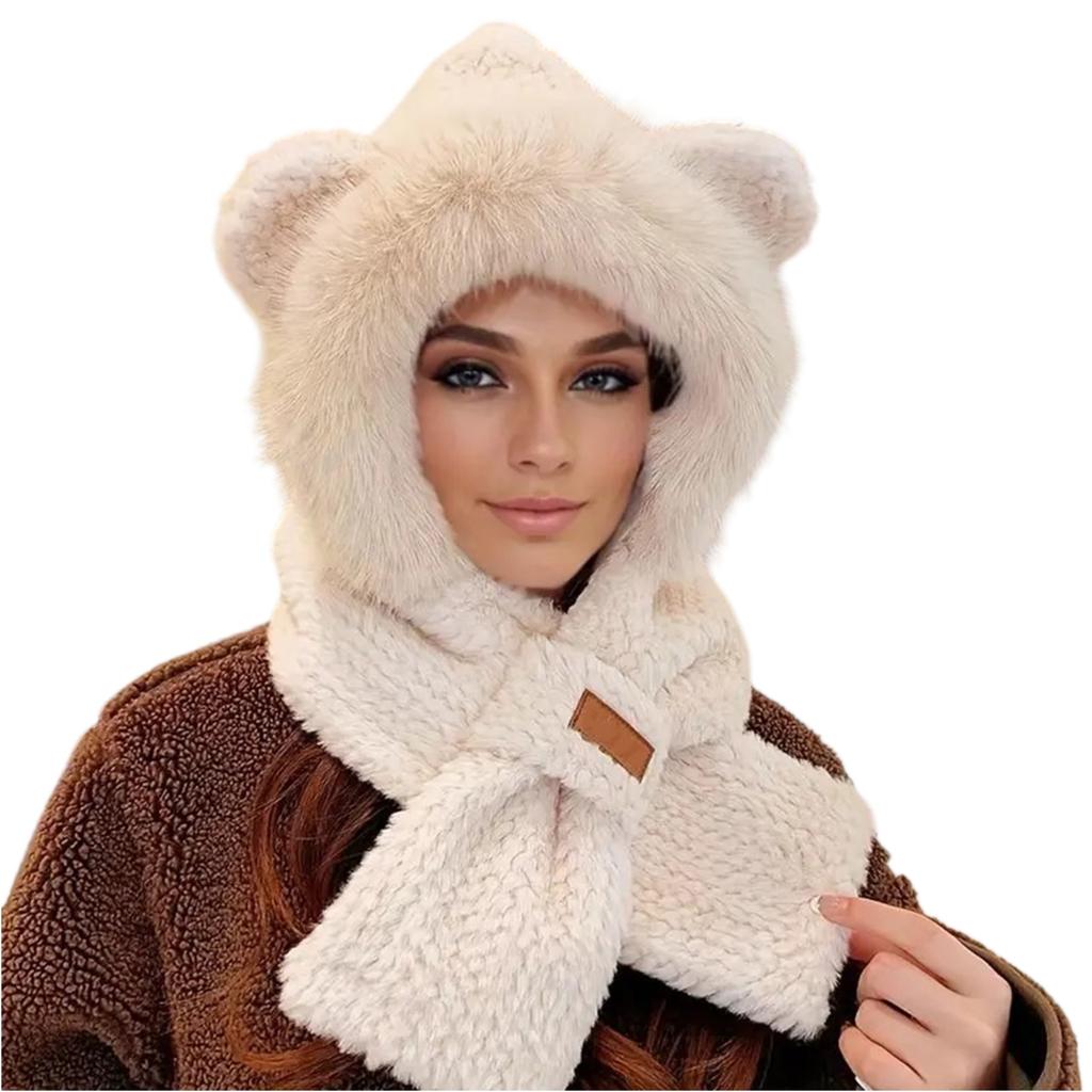 Women's Scarf One-piece Hooded Cute Cycling Thick Warm Plush Hat