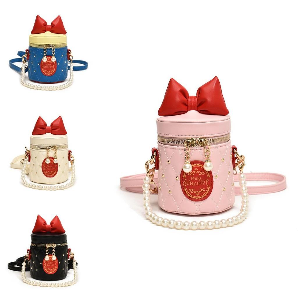 Adorable Korean Style Children's Bowknot Bucket Bag With Pearl Chain Shoulder Strap