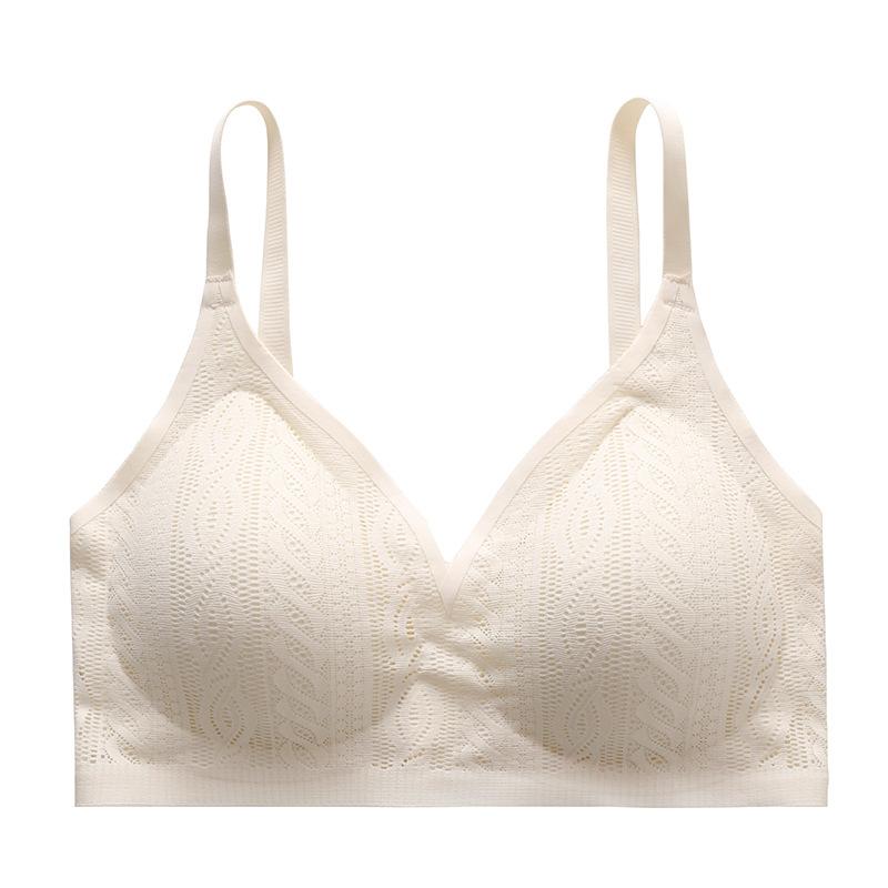 Cream Wireless Lace Bra with Adjustable Thin Straps Seamless and Breathable for Everyday Comfort