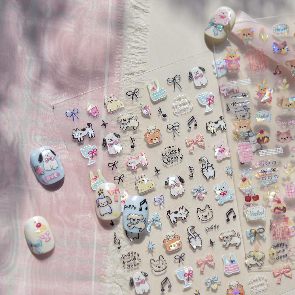 Shell shine nail stickers, hot cartoon bear, puppy, and kitten designs, cute high-look doodle stickers, mixed nail art pack