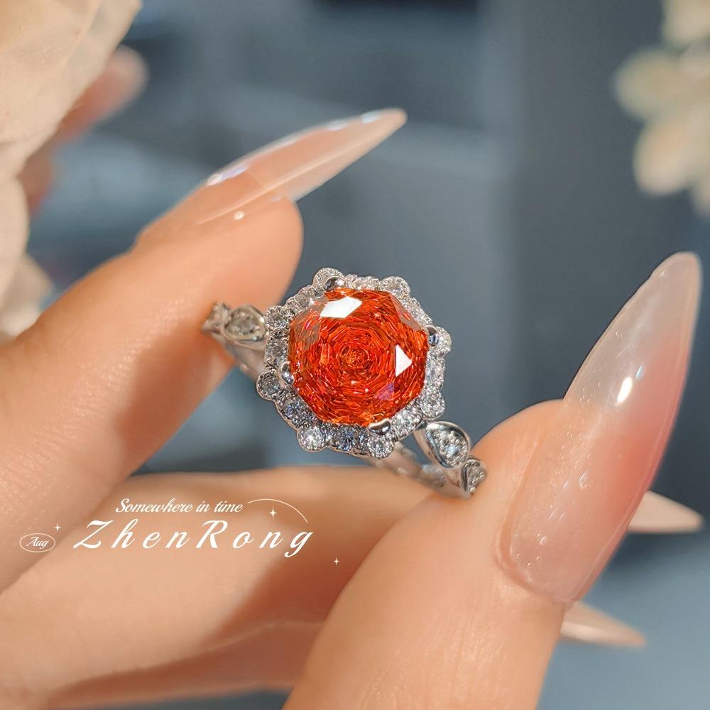 Trendy Light Luxury Octagon Pink Diamond Ring Women Simple Versatile Fanta Color High Carbon Yellow Zirconia Engagement Ring