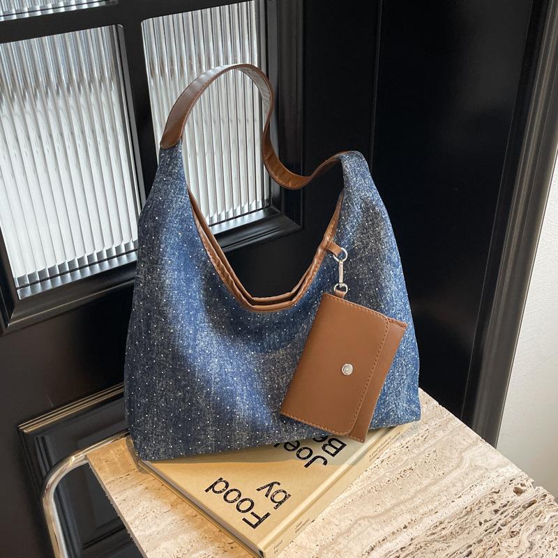Trendy Fashion Underarm Tote Bag Women'S Simple Casual Denim Shoulder Bag Large Capacity Shopping Bag