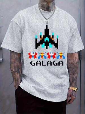 Retro Galaga Pixel Art Graphic Tshirt - Black Casual Shor...