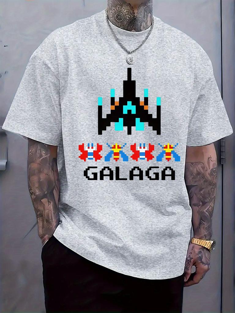 Retro Galaga Pixel Art Graphic Tshirt - Black Casual Shor...