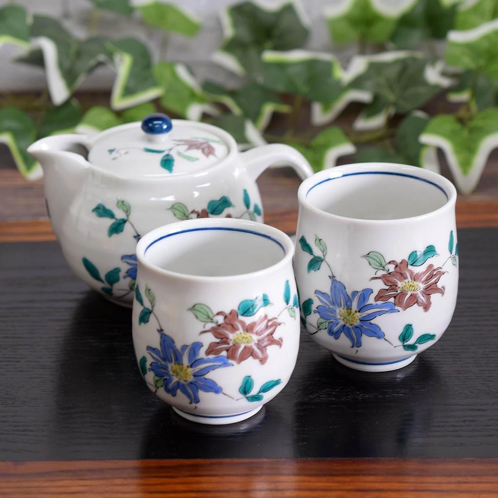 Waza No Kura Stylish Pair of Teacups and Teapot Kutani Ware Tessen Japanese Made In Perfect Gift for or 88th Birthdays Sets, Ceramic, High-Quality
