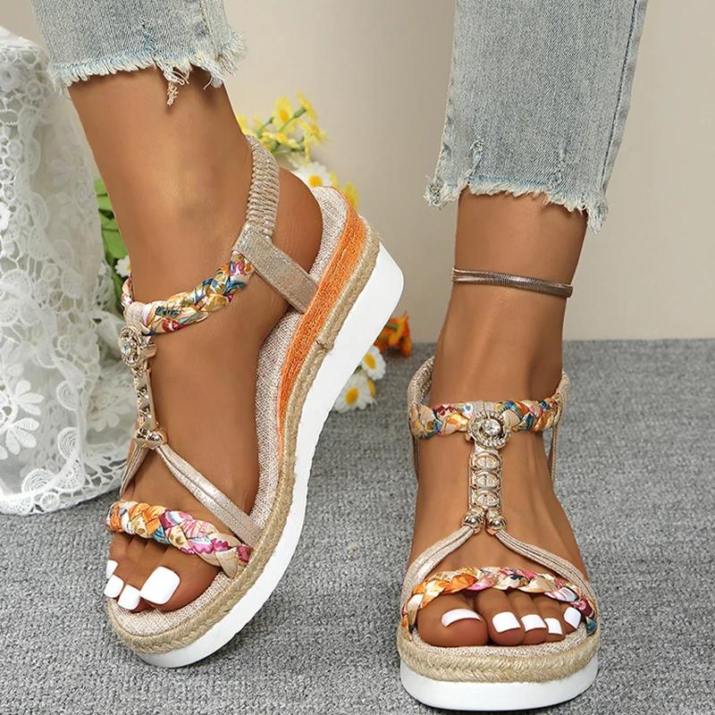 Fashion Fashion T-Strap Platform Sandals for Women New Mix Color Elastic Band Wedge Sandals Woman Summer Daily Open Toe Sandalias Female