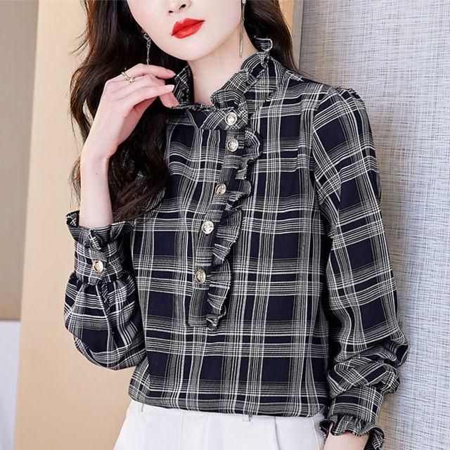 Клетчатая шифоновая рубашка, женская весенне-осенняя модная новая блузка с воротником-стойкой, верхом и оборками, нижняя блузка с длинными рукавами S синий