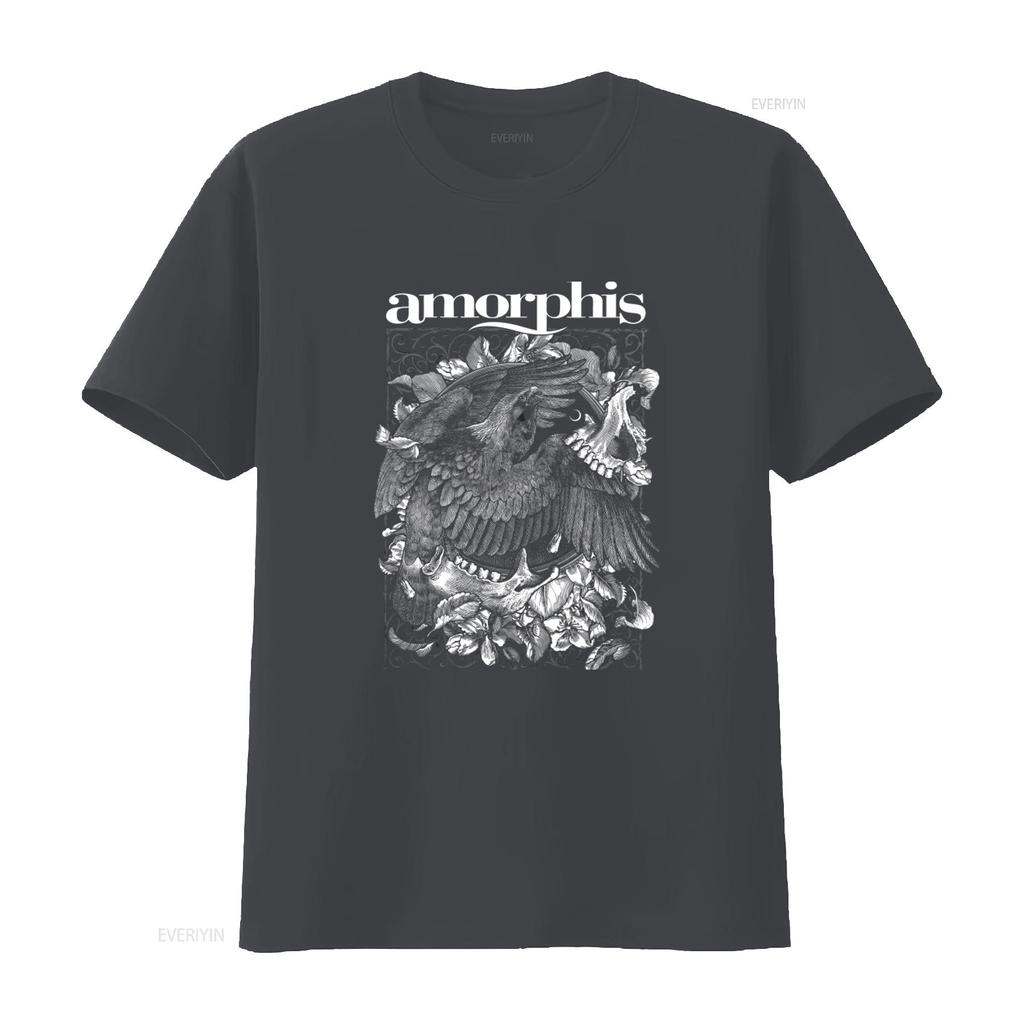 Amorphis Circle Schwarzes T-Shirt mit kunstvollem Adler- und Blumenmuster Perfekt für Metal-Fans vintage gewaschen Lässig Vielseitig