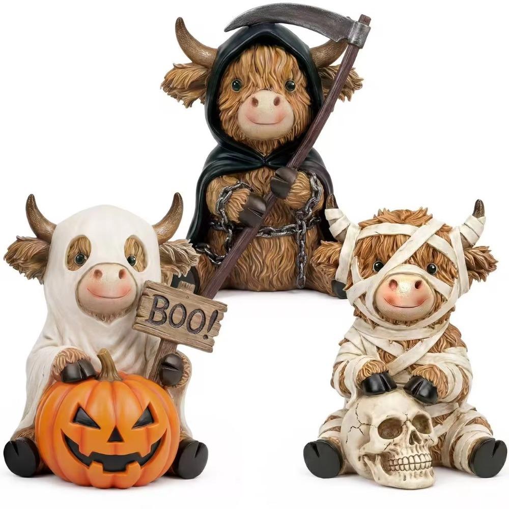 3 Halloween Highland Cow Statues, Cute Ghost Decorations, Hooded and Mummy Cow Statues with Pumpkin Decorations, for Layered Trays, Shelves