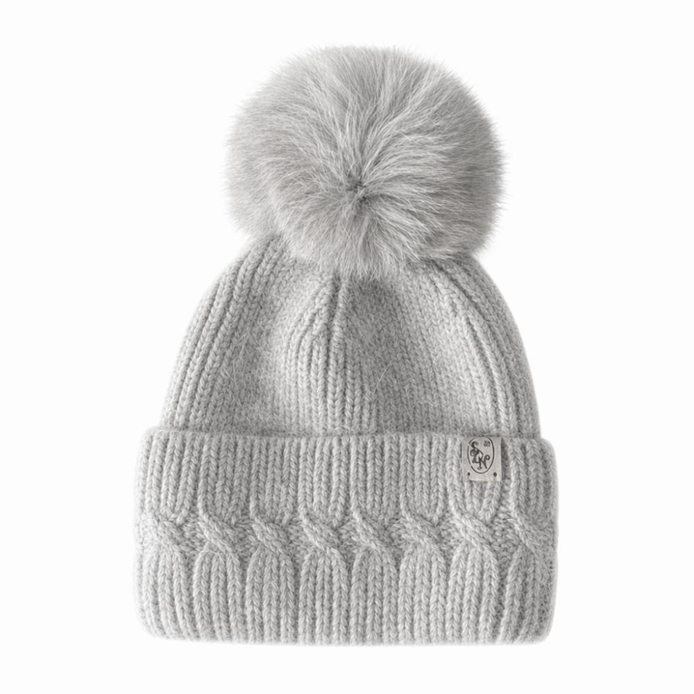 Windproof Knitted Pompom Beanie Twist Knit Thermal Winter Hat Rabbit Fur Beanies Hat For Women