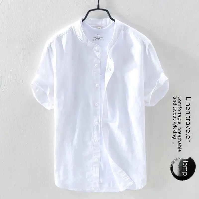 

Мужская рубашка из льна и хлопка с коротким рукавом и воротником-стойкой в китайском стиле — легкая, свободного кроя, повседневный летний тренд. Extra Large белый