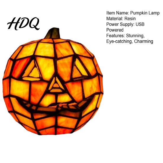 Festive Halloween Lamp Stained Glass Pumpkin Lamp Bedside Table Orange Durable Lantern Accent Night Light for Indoor Home Holiday Party Decor Yard