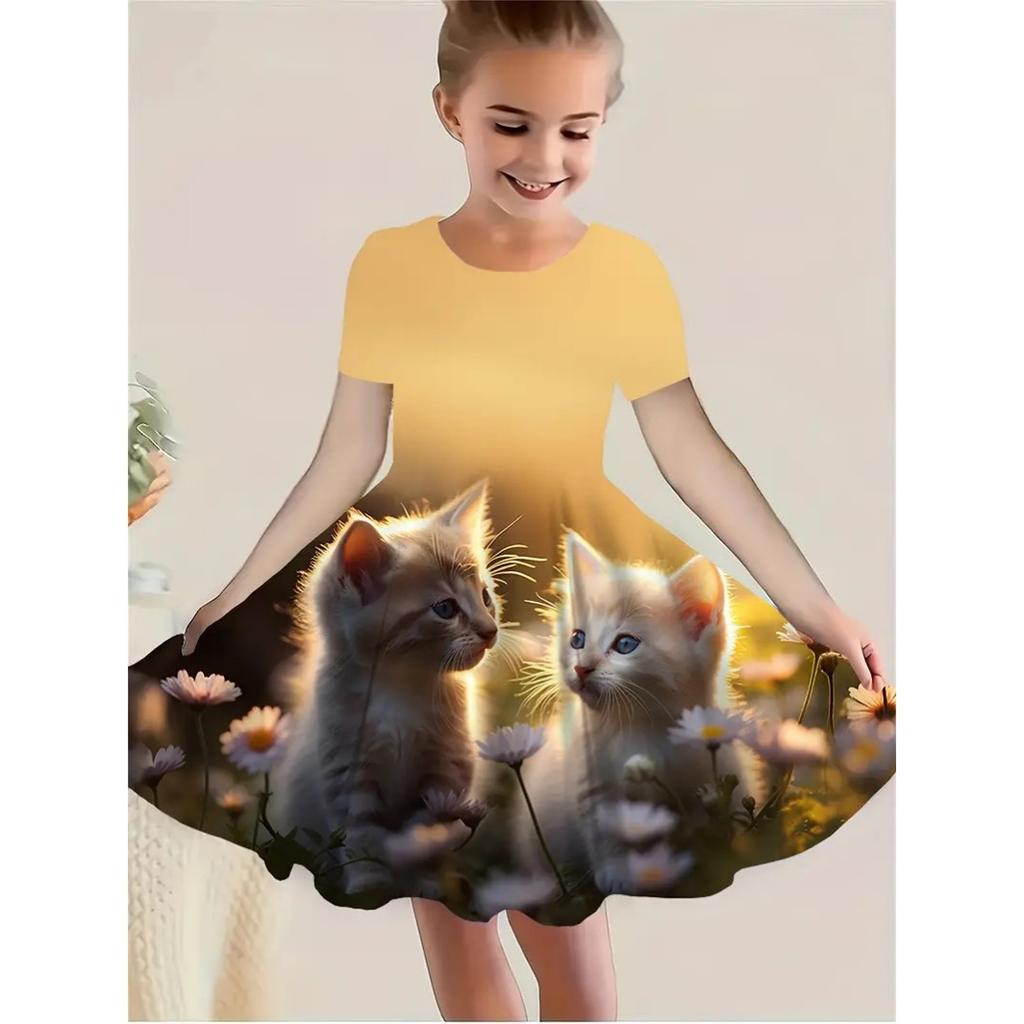 Summer new fashionable and comfortable cute animal 3D pattern children's girls short-sleeved dresses