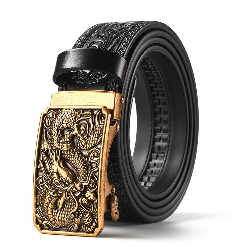 Men's Retro Dragon Head Genuine Leather Belt with Carved Embossed Design