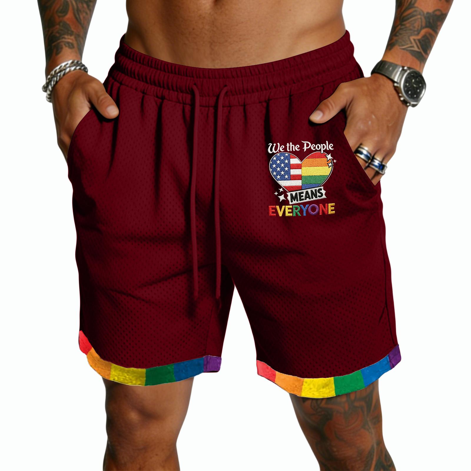 

Mens Drawstring Waist Shorts with Pockets Comfortable Loose Fit Mesh Fabric Rainbow Trim Embroidered Print Design XL винний