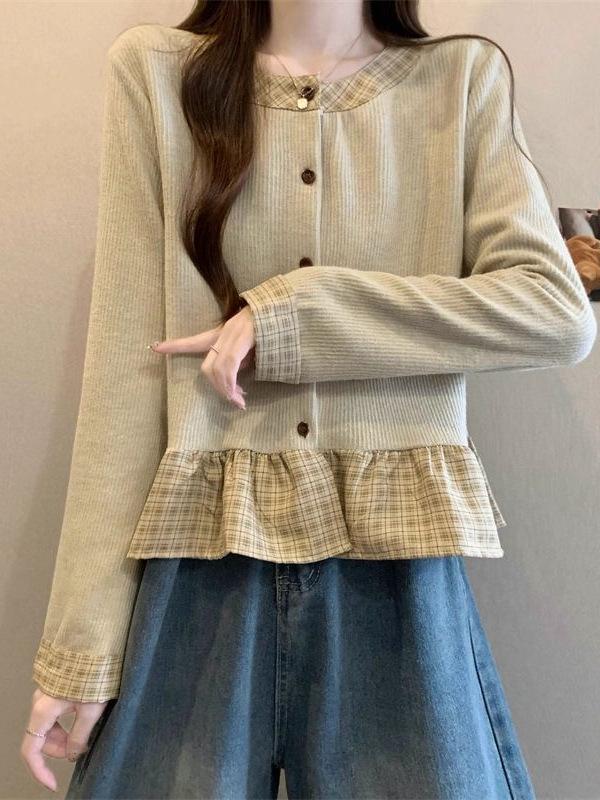 2025 Herbst/Winter Kariertes Patchwork Rüschen Langarm Cropped Top für Damen