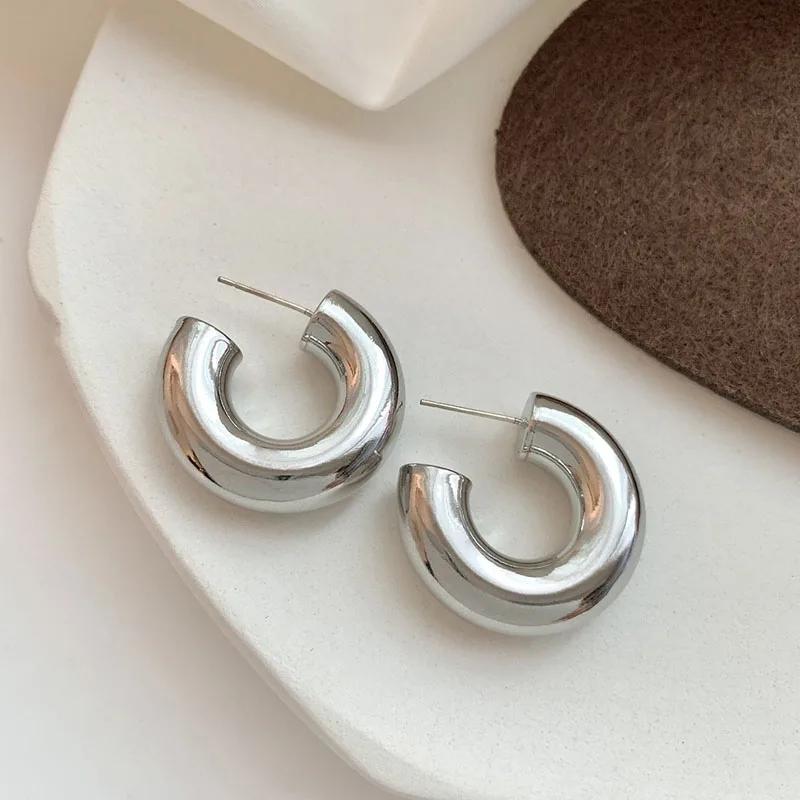 New Gold Plated Thick Hoop Earrings for Women Minimalist Geometric Simple Round Silver Earring Fashion Jewelry Gifts