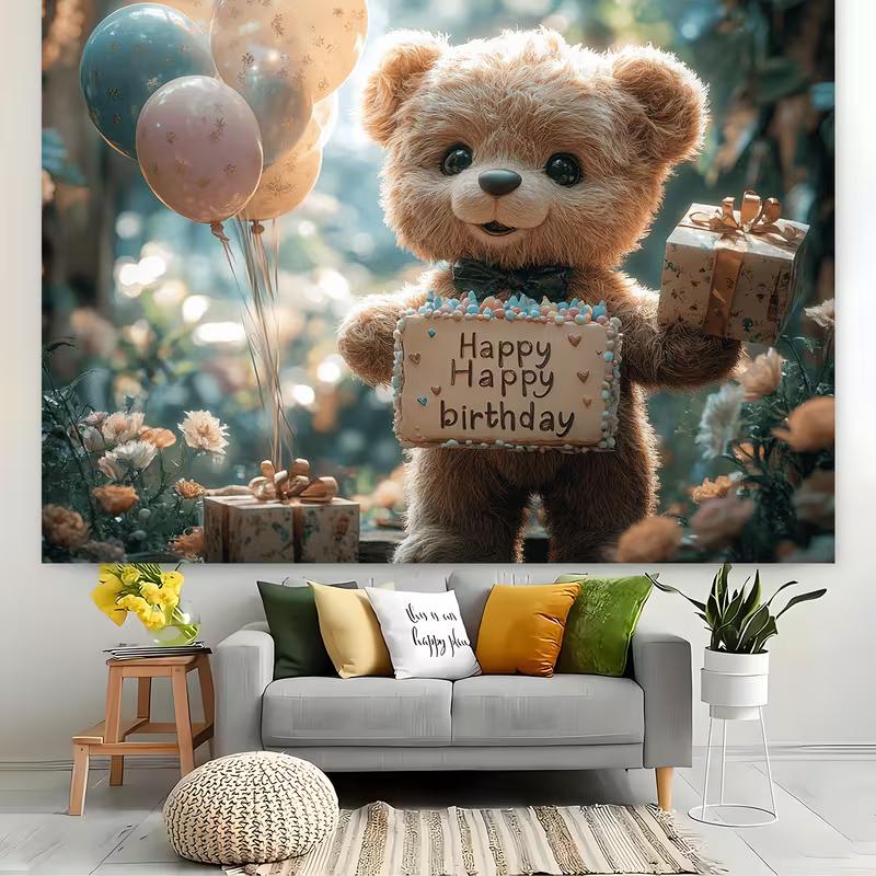 

2D Flat Print Teddy Bear Birthday Photography Backdrop for Baby Shower & Kids Party 47.2x31.5inch/120*80cm