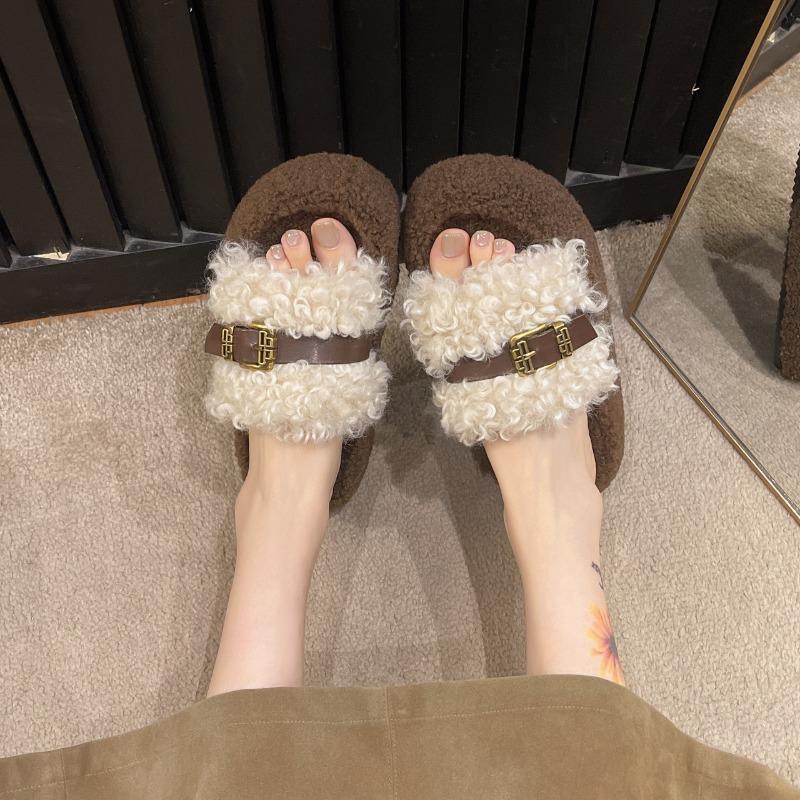 Women Fashion Slippers Round Toe Platform Sole Belt Buckle Open Toe Cotton Slippers Outdoor Fashion Plus-size One-line Slippers