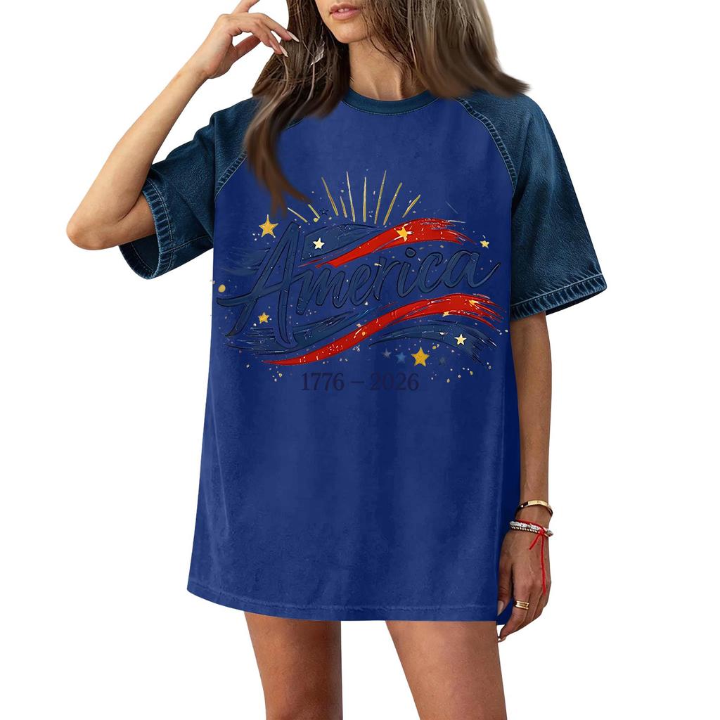 Women's Casual Short Sleeve T-Shirt Denim Patchwork Top 250th Independence Day Graphic Print Comfortable Fit Relaxed Style