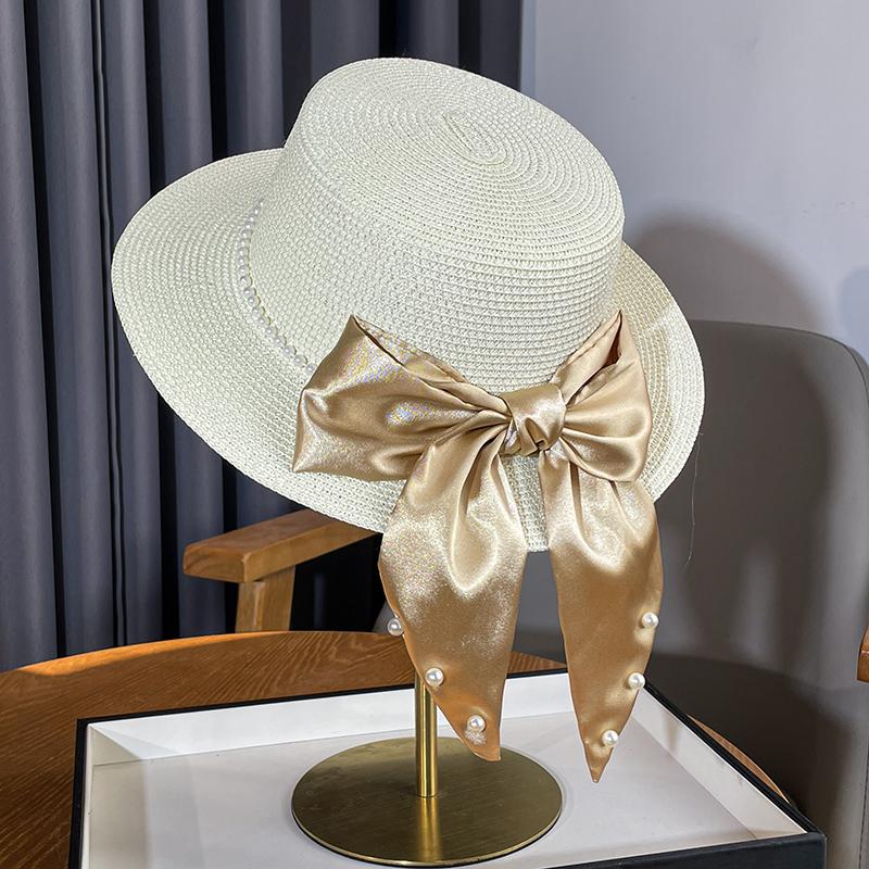 Summer Elegant Ribbon Bow Pearl Grass Hat Women's Seaside Beach Outing Shading Versatile Top Hat Tide
