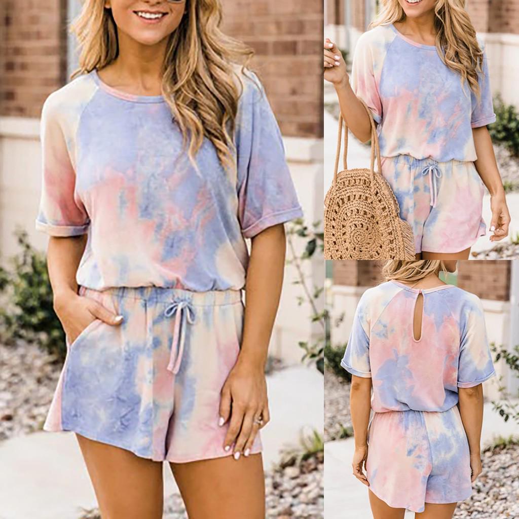 

Модный женский повседневный свободный сексуальный комбинезон с короткими рукавами и принтом тай-дай