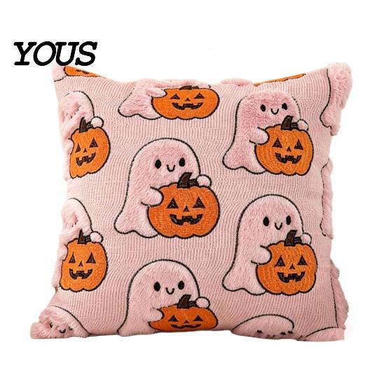 Cozy Bedroom Cushion Cover Ghost Pumpkin Cover, Halloween Throw Pillow Cute Gift Ideas Embroidered Case, Soft Plush Pillowcase for Couch Sofa Holiday