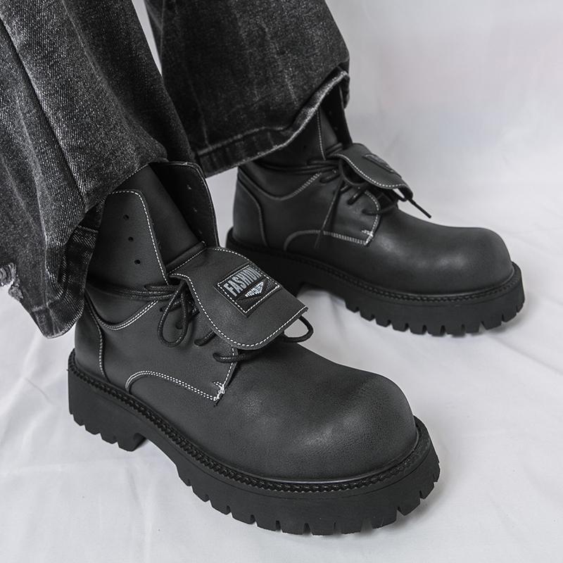 Męskie buty retro na grubej platformie, buty motocyklowe z dużą główką, wysokie buty, plus size