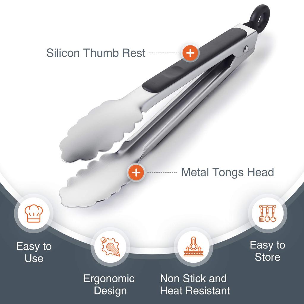 9/12 Inch Stainless Steel BBQ Grilling Tongs Salad Food Clip Non-Slip Handle Bread Serving Tong Cooking Barbecue Clip Clamp