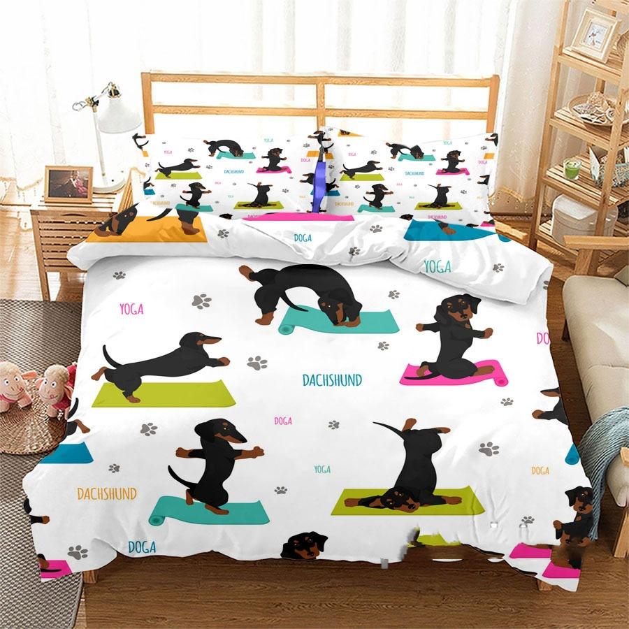3D Digital Printing Three-Piece Set Cute Funny Dachshund Quilt Cover Pillowcase Bedding