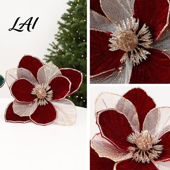 Christmas Magnolia Embellishments Glitter Flower Velvet Artificial Flower Pick for Xmas Tree Floral Arrangements and Vase Faux Stem Ornament Holiday