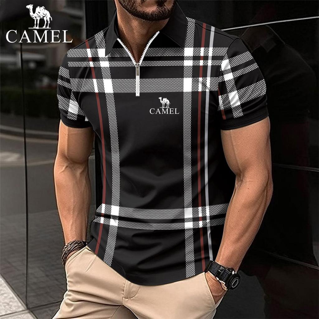 Camel Summer Men's Checkered Stripe POLO Zipper Sports Embroidery Brand Polo Shirt