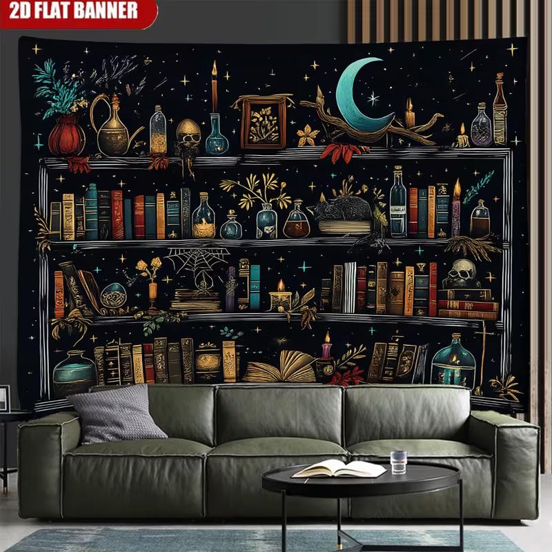 2D Dark Academia Witch Tapestry, Cosmic Moon & Potion Bottles Wall Decor