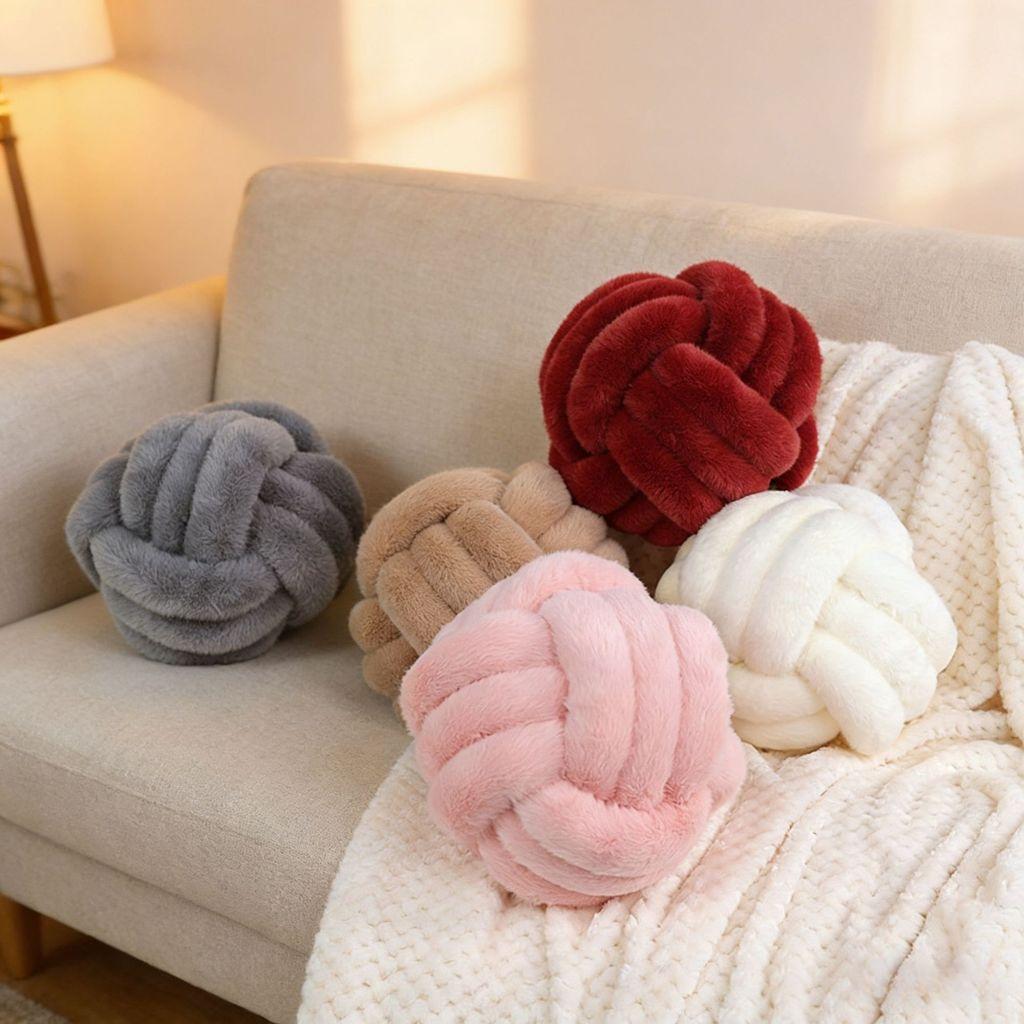 Nordic Inspirited Woven Round Pillow With Leather Fur Cover For Living Room Decor