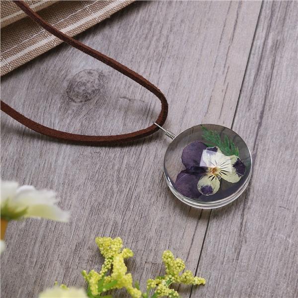 One Side Dried Sunflower Necklace Oval Pendant Flower Pressed Necklace for Women Girls (Pansy