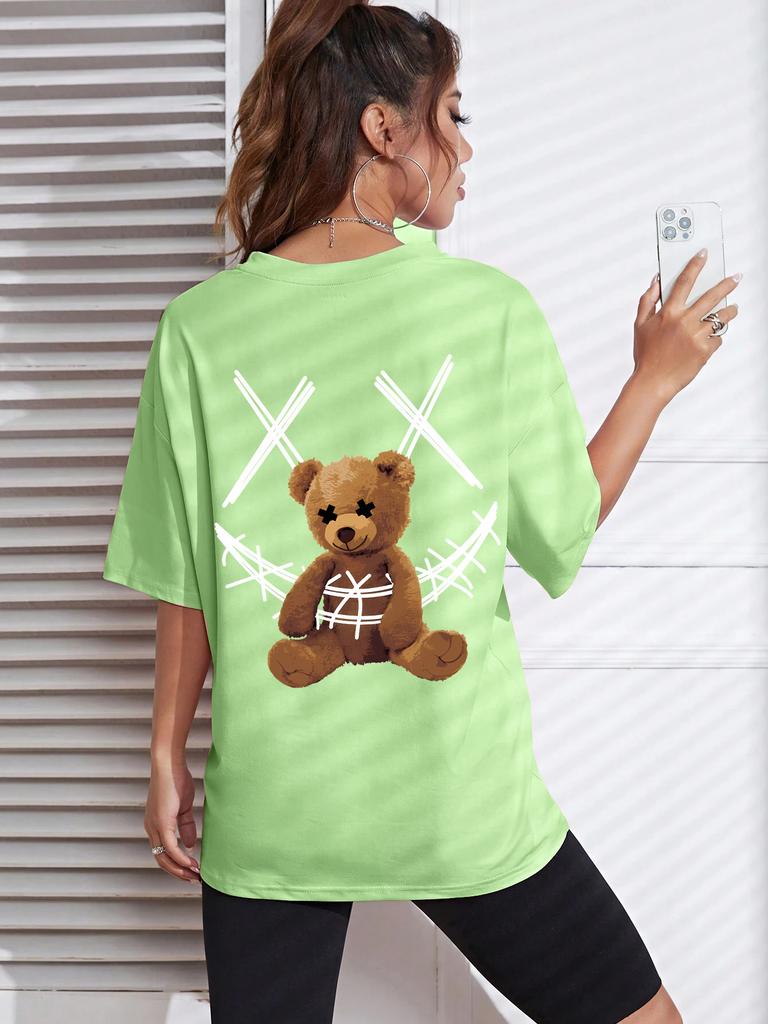 Ein Stoffbär mit einem Verbanddruck T-Shirts Damen Lässig Weiche Oberteile Mode Cooles T-Shirt Kleidung Straße Sommer Kurze Ärmel