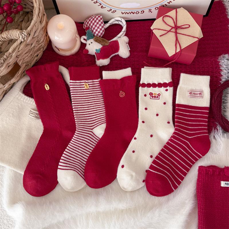 Wool Socks Striped Red Socks Thickening Warm Cashmere Accessories New Year'S Stack Socks