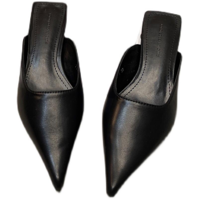 2025 Spring New Temperament Thin Pointed Cat with Bag Head Cool Slippers Women Wear Soft Leather Thin Heel Muller Half Slippers