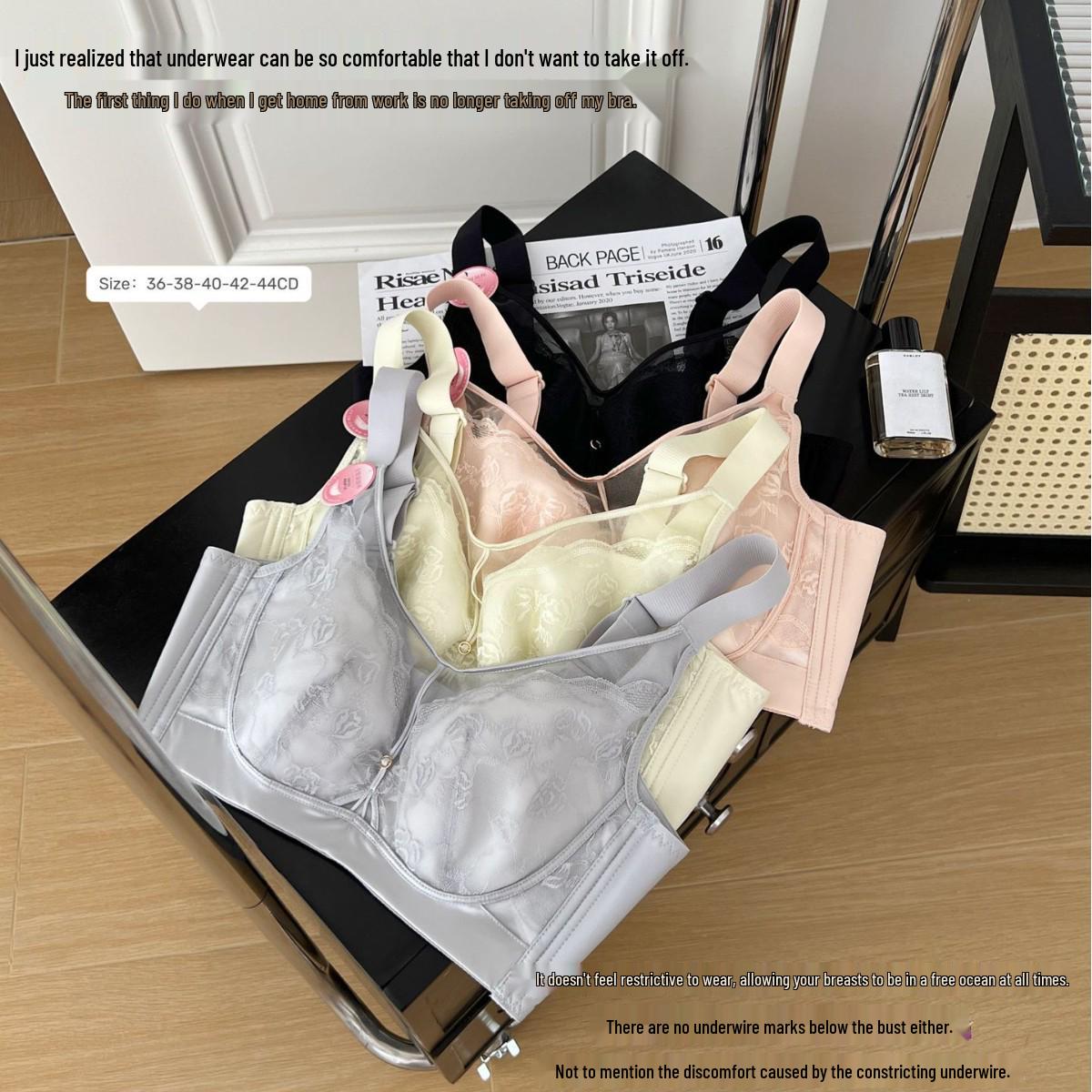 Cinema Line High-End Wireless Lace Bra for Large Bust - Thin, Breathable, and Bust-Minimizing Design 38/85CD серый