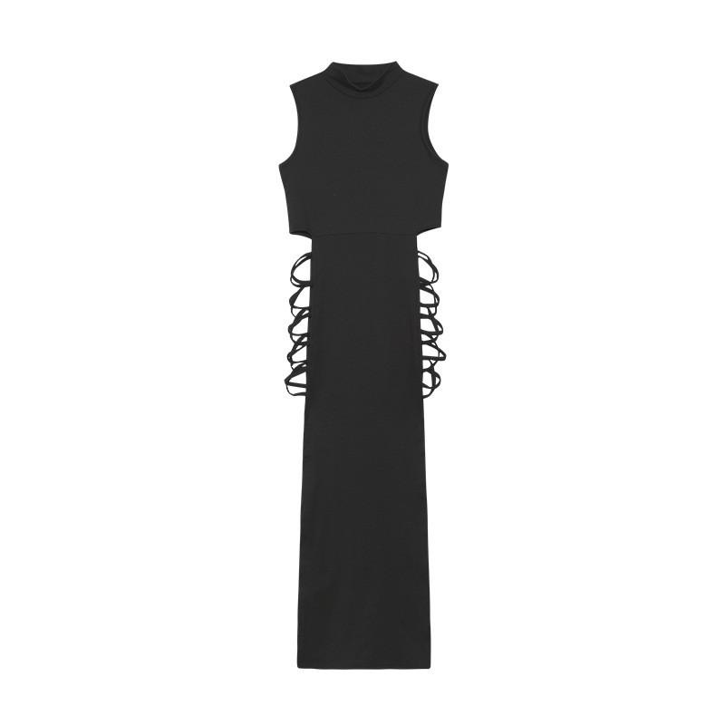 2026 Womens High-Waisted Sleeveless Wrap Tie-Detail Mini Dress With Side Slit Solid Color Pleated Skirt