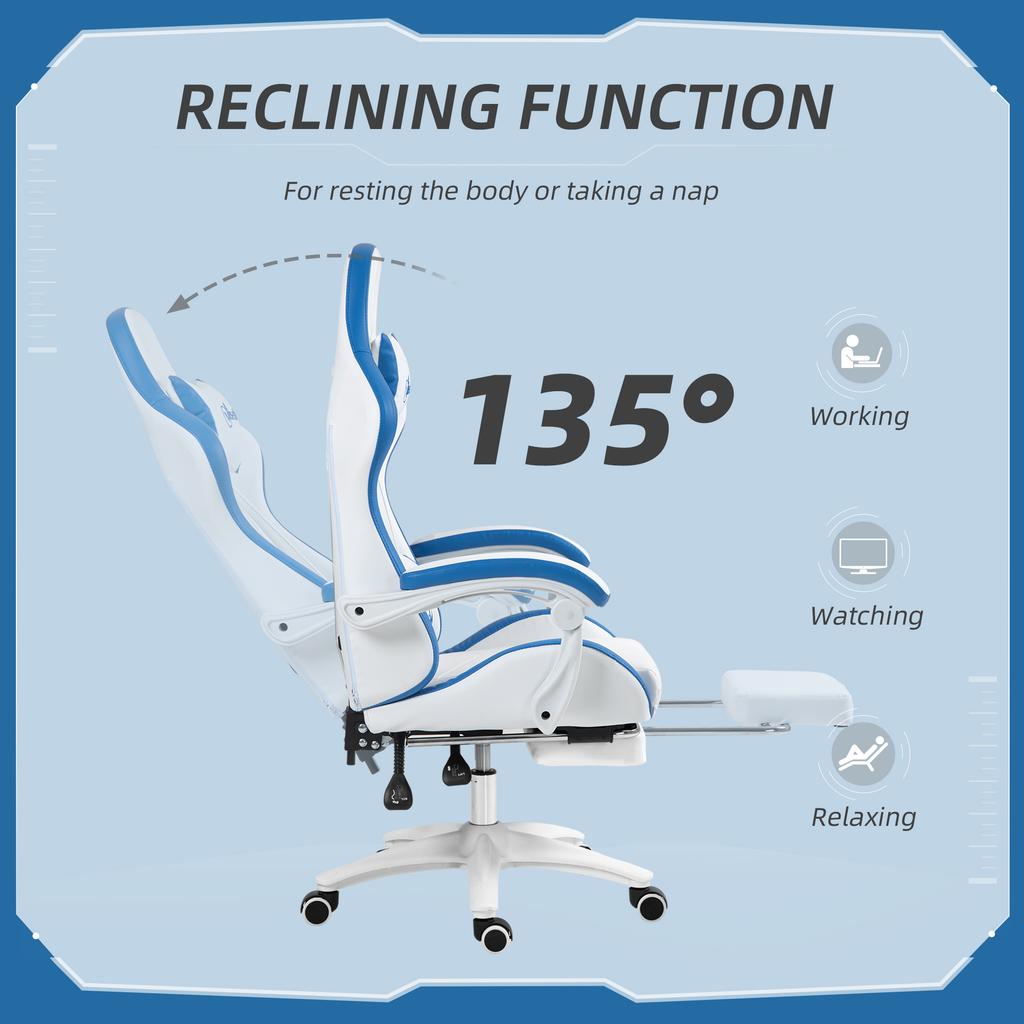 Computer Gaming Chair, PU Leather Office Desk Chair with Footrest, Swivel Wheels, 135 degrees Reclining Back, Lumbar Support, Headrest for Home