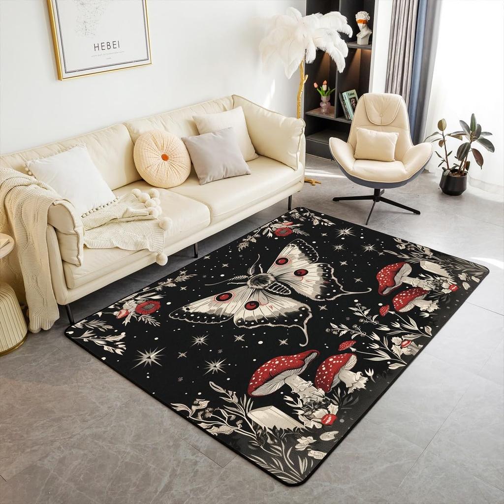 Erosebridal Moth Skull Moon Area Rug 4'11" X 3'3" Bohemian Stars Exotic Living Room Rugs Starry Sky Mysterious Decorative Carpet Black and W
