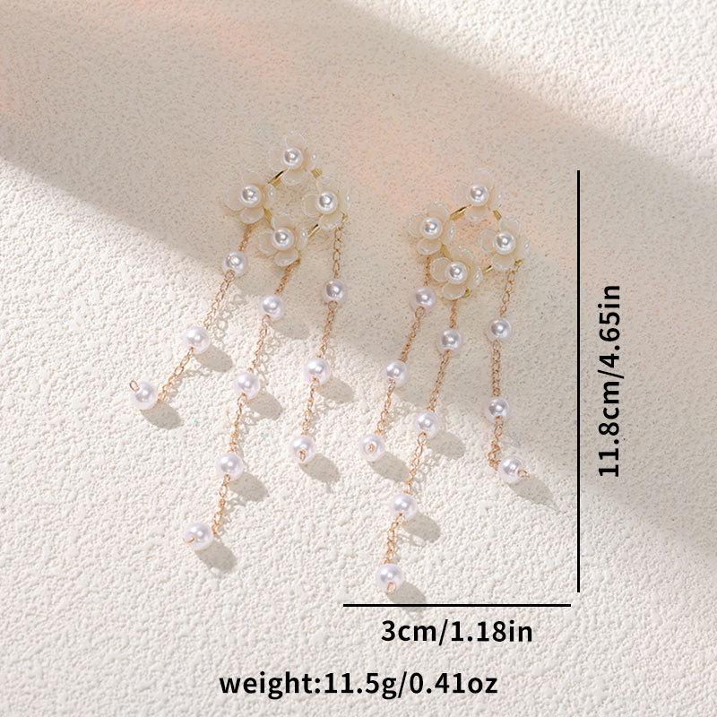 1PC  Japanese and Korean pearl flower chain fringed silver needle earrings female super fairy unique earrings geometric rhombus personalized earrings