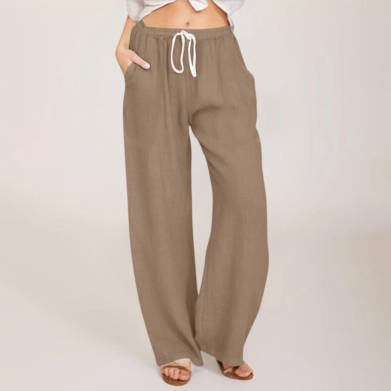 Women s Summer Elastic Waist Color External Pocket Cotton And Linen Loose Pants L
