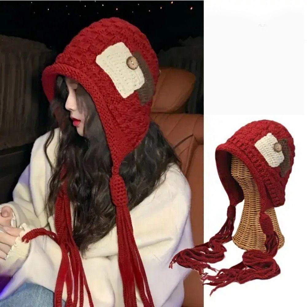 Retro Long Tassels Crochet Knitted Hat Wool Vintage Knit Beanies Warm Korean Ear Protection Hat Autumn